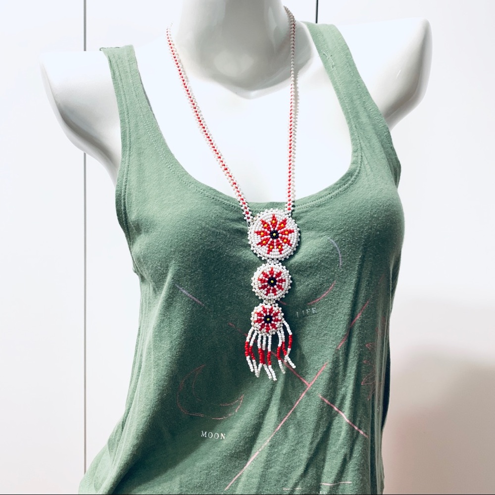 Seed Bead three round charm w fringe long necklace
